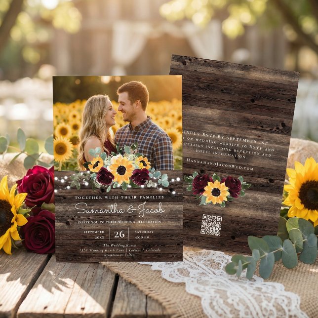 Convite Rustic Sunflower QR Code RSVP Wedding (Criador carregado)