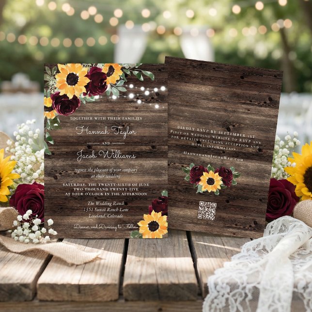 Convite Rustic Sunflower Roses Barn QR Code Wedding (Criador carregado)