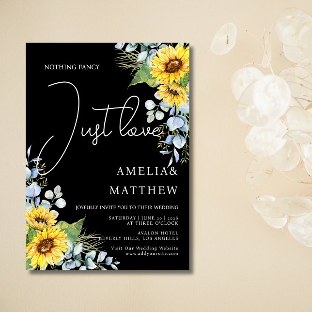 Convite Rustic Sunflower Script Apenas Adora Casamento Neg (Rustic Sunflower Script Just Love Black Wedding Invitation)