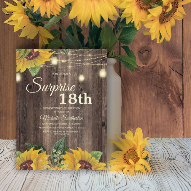 Convite Rustic Sunflower String Light Surpresa 18º (Criador carregado)