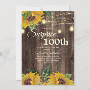 Convite Rustic Sunflower String Light Surprise 100th