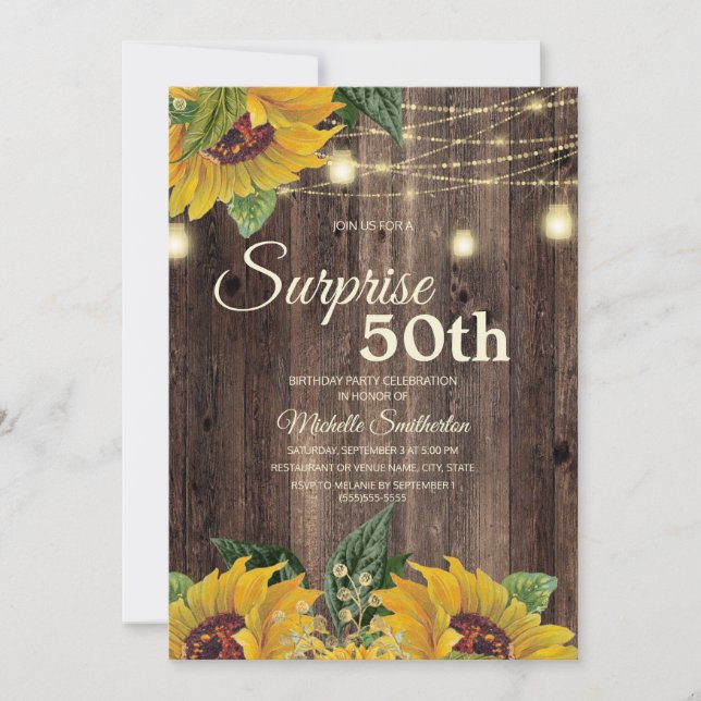 Convite Rustic Sunflower String Light Surprise 50th (Frente)
