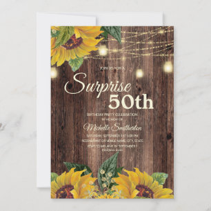 Convite Rustic Sunflower String Light Surprise 50th