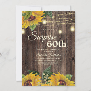 Convite Rustic Sunflower String Light Surprise 60th