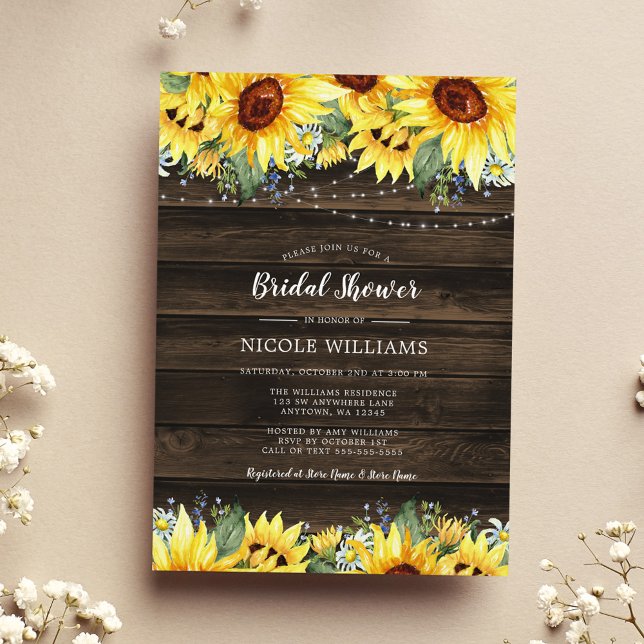 Convite Rustic Sunflower String Lights Bridal Shower (Criador carregado)