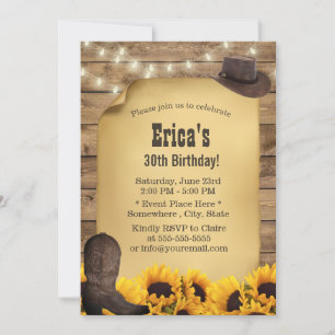 Convite Rustic Sunflower String Lights Cowgirl Aniversário