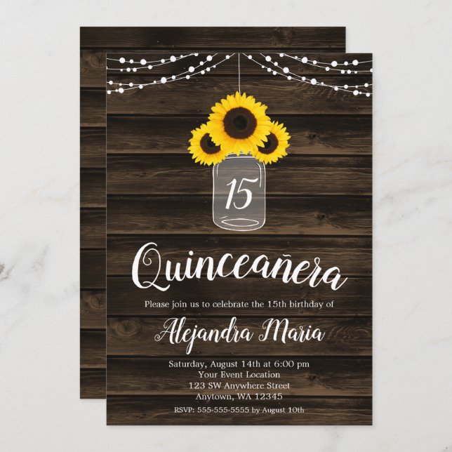 Convite Rustic Sunflower String Luz Quinceanera Invites (Frente/Verso)