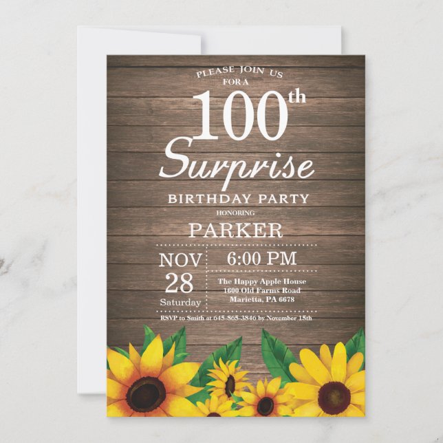 Convite Rustic Sunflower Surprise 100th Aniversário (Frente)