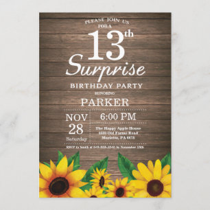 Convite Rustic Sunflower Surprise 13 de Aniversário