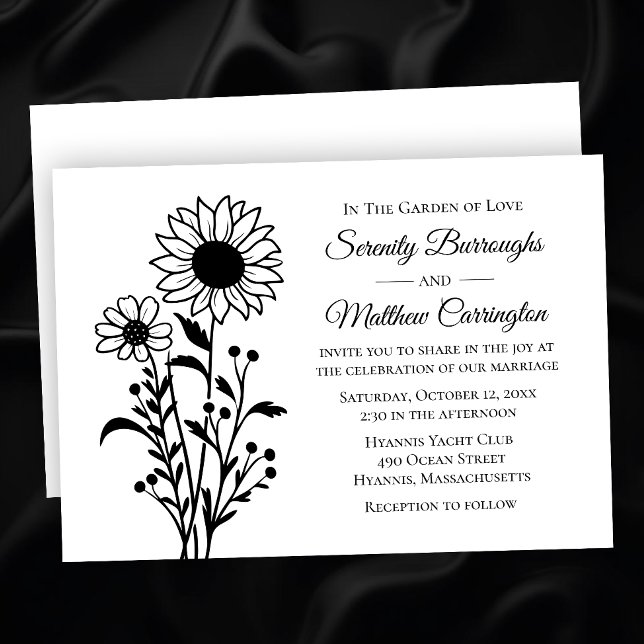 Convite Rustic Sunflower Weding Floral Black White (Criador carregado)