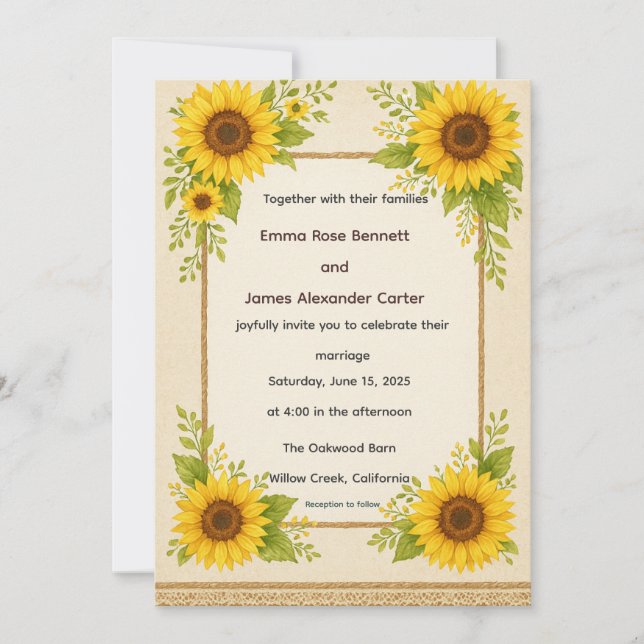 Convite Rustic Sunflower Weditation (Frente)