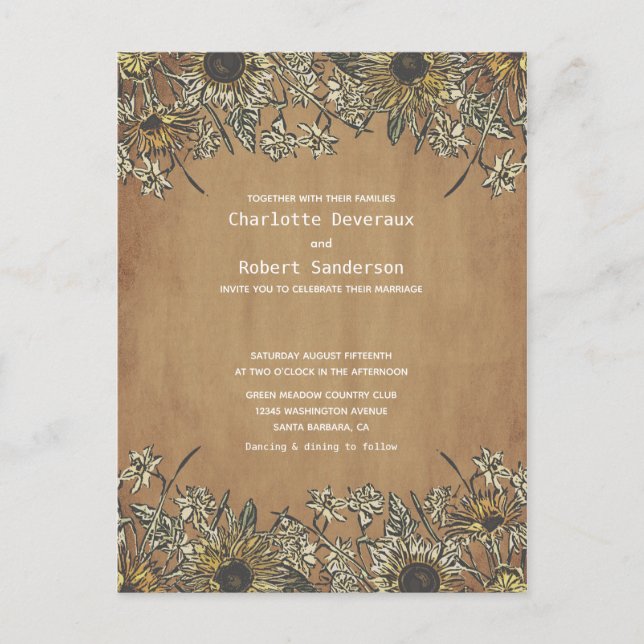 Convite Rustic Sunflower Weditation com RSVP (Frente)