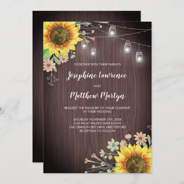 Convite Rustic Sunflower Wood Mason Jar Wedding (Frente/Verso)