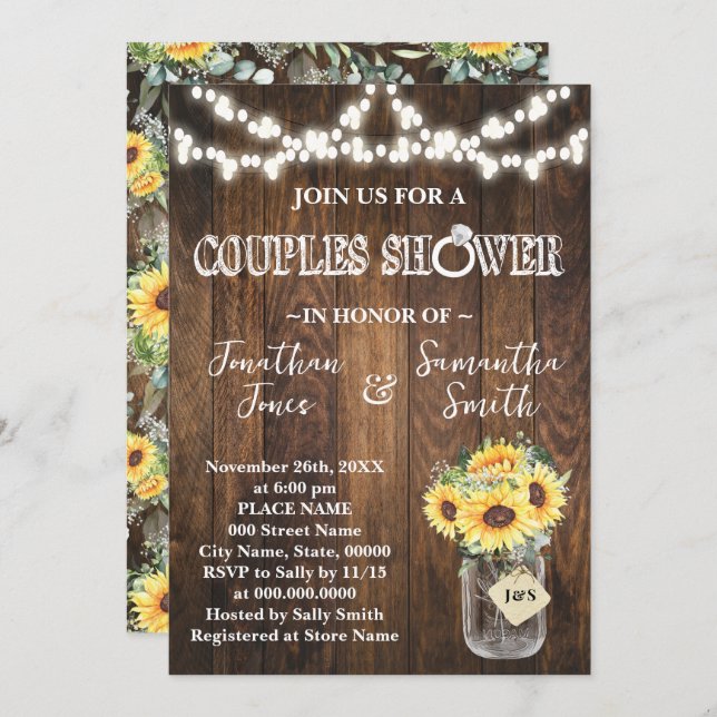Convite Rustic Sunflowers Couples Wedding Shower  (Frente/Verso)