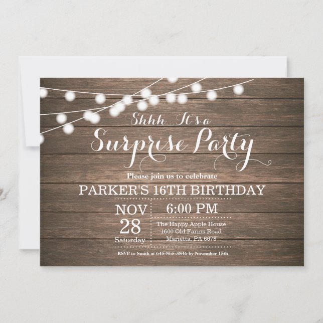Convite Rustic Surprise 16º Aniversário Invitation Wood (Frente)