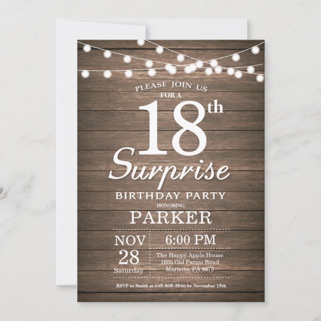 Convite Rustic Surprise 18º Aniversário Invitation Wood (Frente)