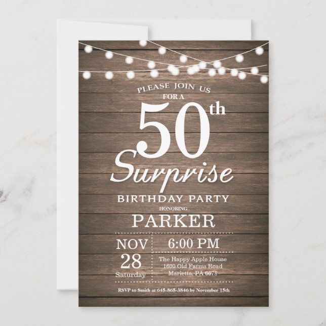 Convite Rustic Surprise 50th Birthday Invitation Wood (Frente)