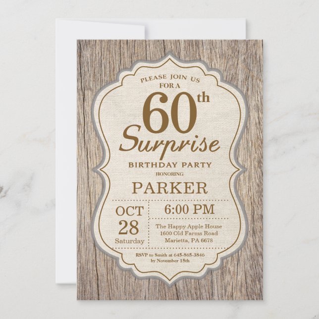 Convite Rustic Surprise 60th Aniversário Invitation Wood (Frente)