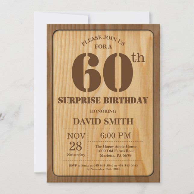 Convite Rustic Surprise 60th Aniversário Invitation Wood (Frente)