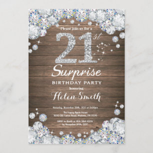 Convite Rustic Surprise aniversário de 21 anos Silver Diam