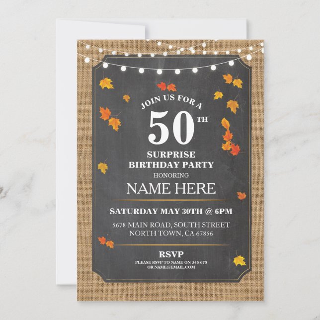 Convite Rustic Surprise Birthday Fall Party 50th Conite (Frente)