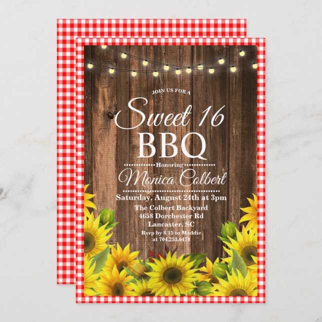 Convite Rustic Sweet 16 CHURRASCO Sunflower Invitation (Frente/Verso)