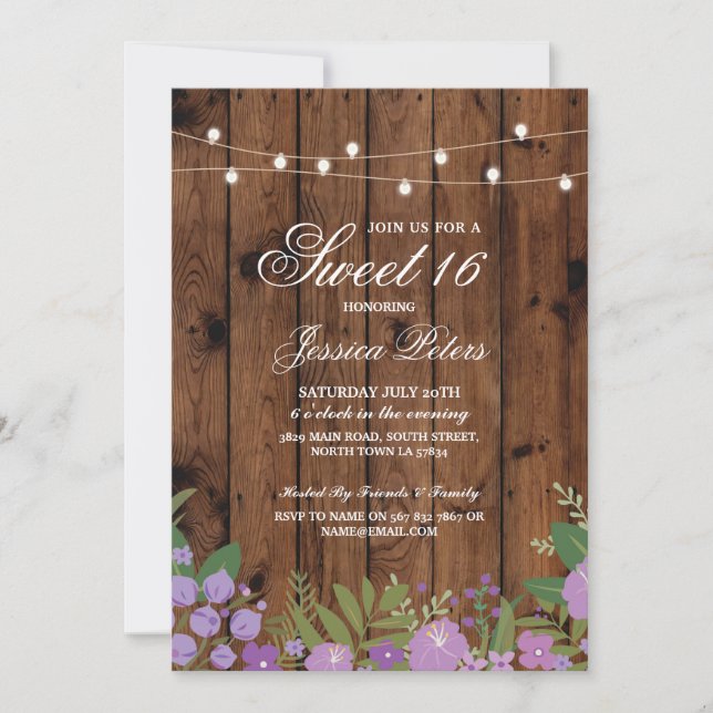 Convite Rustic Sweet 16 Floral Wood Invite (Frente)