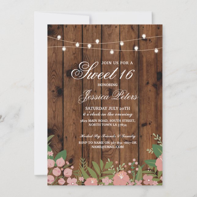Convite Rustic Sweet 16 Party Coral Floral Wood Invite (Frente)