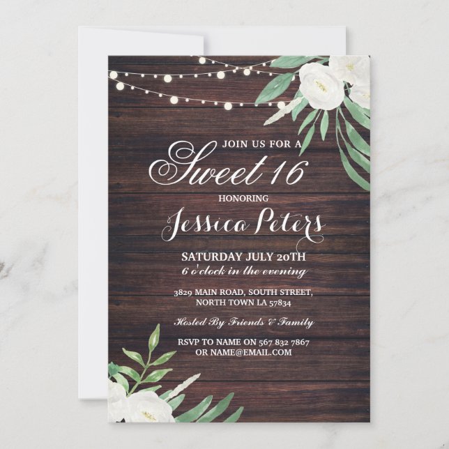 Convite Rustic Sweet 16 Party Floral White Flower Invite (Frente)