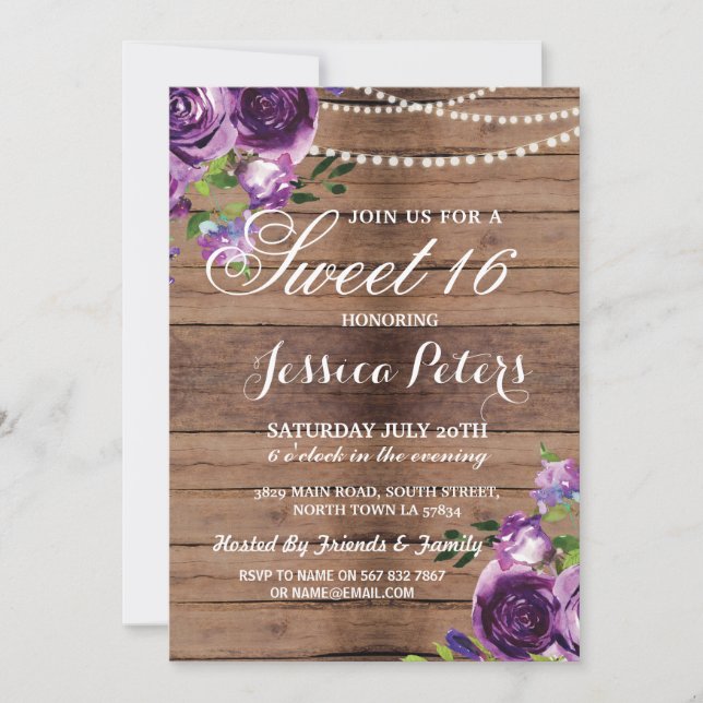 Convite Rustic Sweet 16 Party Floral Wood Purple Invite (Frente)