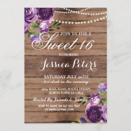 Convite Rustic Sweet 16 Party Floral Wood Purple Invite