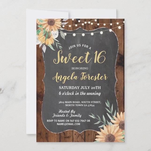 Convite Rustic Sweet 16 Party Wood Floral Luzes Sunflower (Frente)