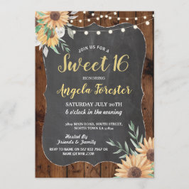 Convite Rustic Sweet 16 Party Wood Floral Luzes Sunflower