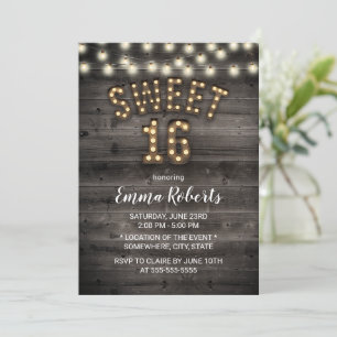 Convite Rustic Sweet 16 String Lights Barn Wood Aniversár