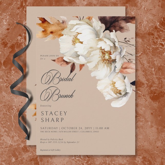 Convite Rustic Tan & Cream Fall Floral & Sai Brunch (Rustic Tan & Cream Fall Floral & Leaves Brunch Invitation)