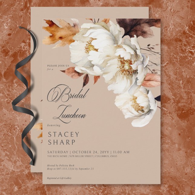 Convite Rustic Tan & Cream Fall Floral & Sai Lunchedo (Rustic Tan & Cream Fall Floral & Leaves Luncheon Invitation)