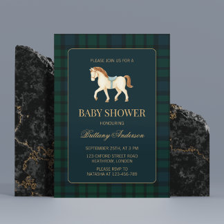 Convite Rustic Tartan Plaid Horse Baby Shower 