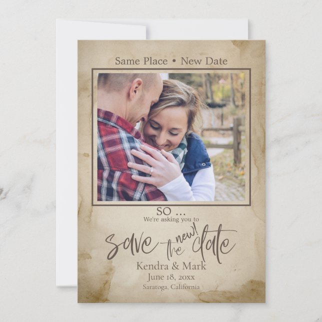 Convite Rustic Tea Stain Your Photo Save the NEW Date (Frente)