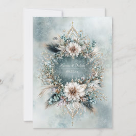 Convite Rustic Teal Blue Feather White Floral Wedding