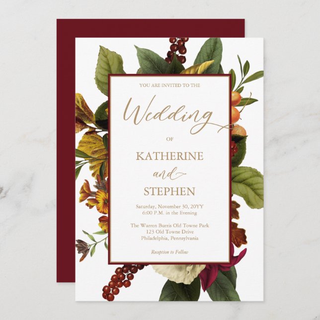 Convite Rustic Teal | Laranja | Red Floral Buquê Wedding (Frente/Verso)