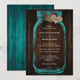Convite Rustic Teal Mason Jar Wood Hearts Monogram Wedding