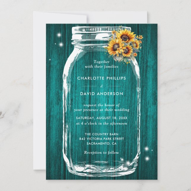 Convite Rustic Teal Sunflower Jar Wedding (Frente)