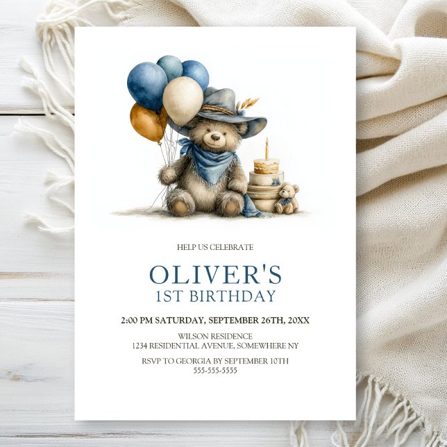 Convite Rustic Teddy Bear 1st Birthday Party Invitation (Criador carregado)