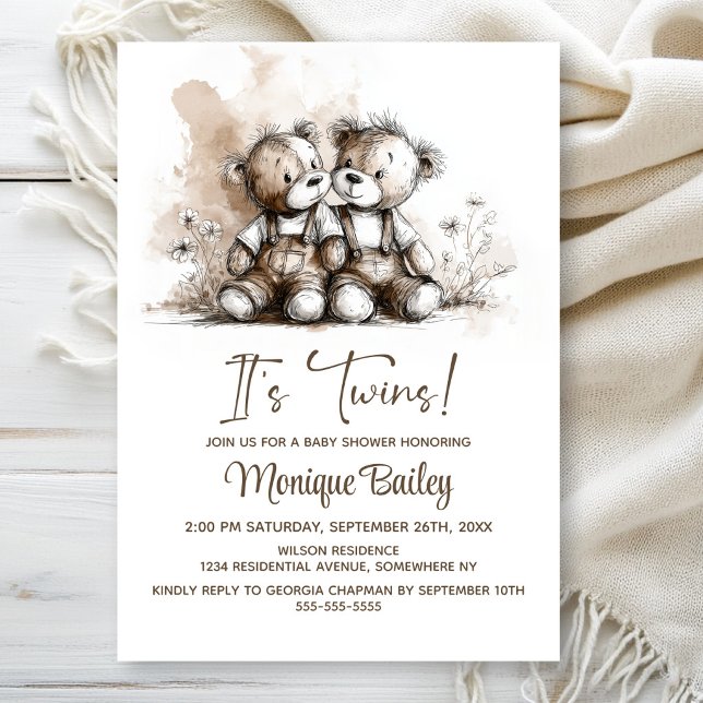 Convite Rustic Teddy Bear Twins Baby Shower (Criador carregado)