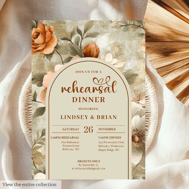 Convite Rustic Terracotta Beige Olive Floral Rehearsal  (Rustic Terracotta Beige Olive Floral Rehearsal Invitation)