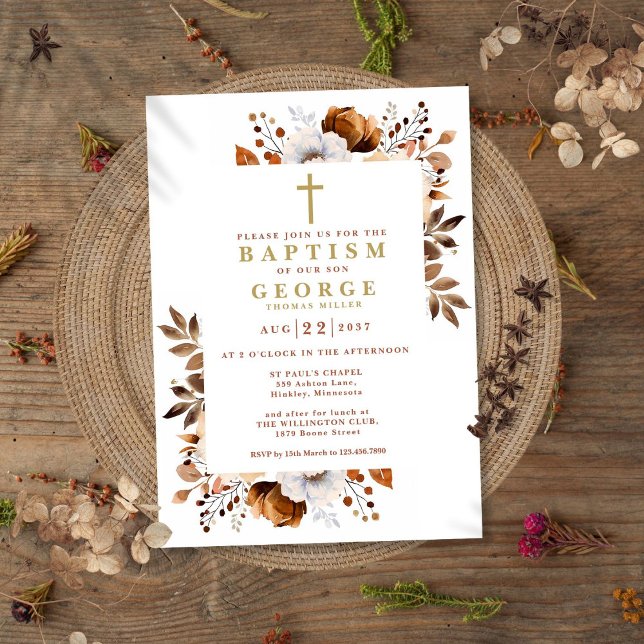 Convite Rustic Terracotta Boho Floral Moderno Batismo (Rustic Terracotta Boho Floral Modern Baptism Invitation)