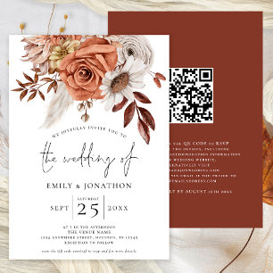 Convite Rustic Terracotta Fall Florals Código QR Casamento