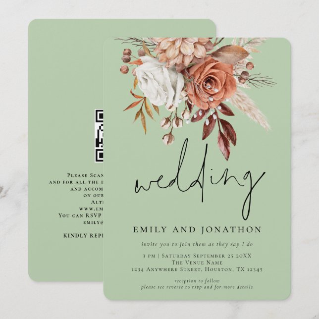 Convite Rustic Terracotta Floral Sage Casamento Verde (Frente/Verso)