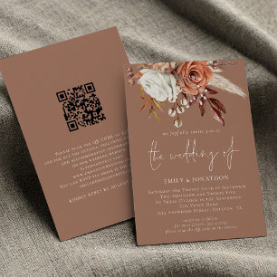 Convite Rustic Terracotta Florals Código QR Casamento Brow