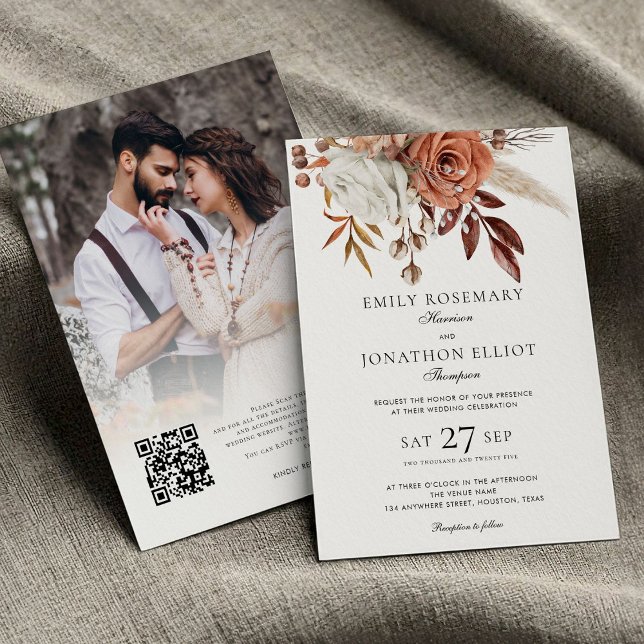 Convite Rustic Terracotta Florals Foto QR Casamento Formal (Front and Back view)